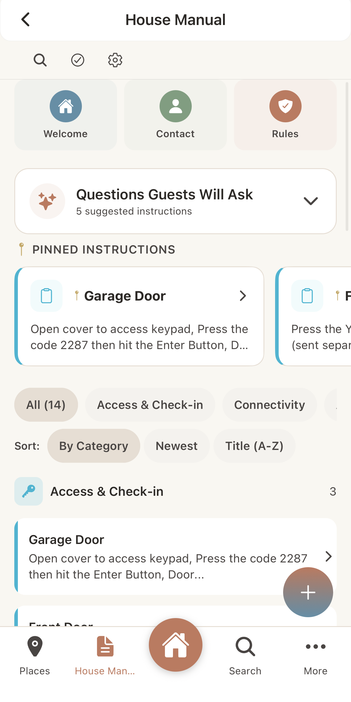 PorchLite iOS app showing the House Manual with organized instructions, pinned items, and category filters